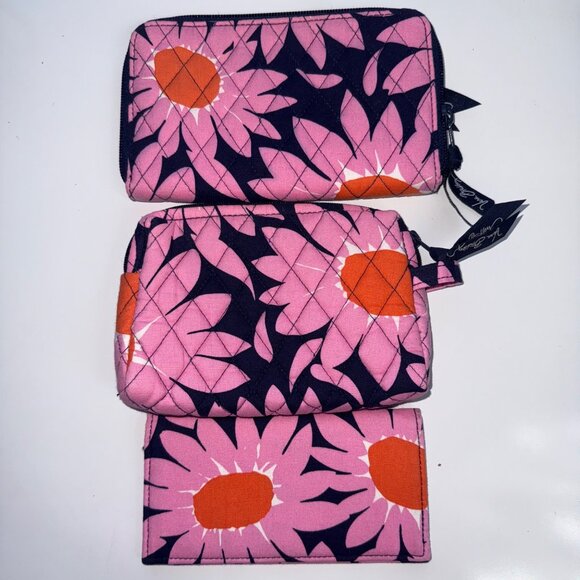 Vera Bradley Raspberry Medallion Tote Set Purse Wallet Cosmetic Bag Pink Orange - Picture 3 of 10